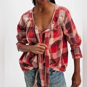 NWOT Free People We The Free Big Bow Plaid Pullover
